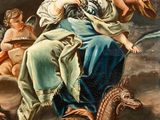 an image of a painting of a woman sitting on top of a dragon