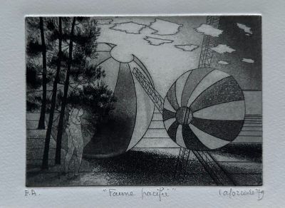 a black and white drawing of a kite and a tree