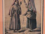 painting of two women in traditional clothing with a bird in their hand