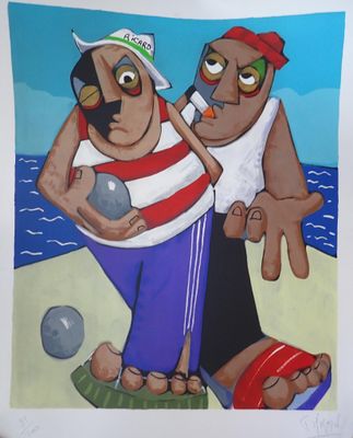 tableau représentant deux hommes sur une plage avec un ballon et un chien
