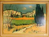 une peinture à l'huile représentant un paysage avec des arbres et des collines en arrière-plan