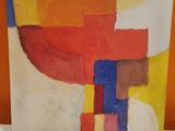 abstract painting on canvas of a red, yellow, blue, and white design
