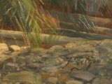 a painting of a river with rocks and trees in the background