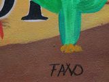 painting of a cactus and a bird on a wall with the word fand painted on it