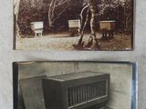 two old photos of a bench and a bench in a park