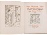 an open book with a drawing of a woman in a garden