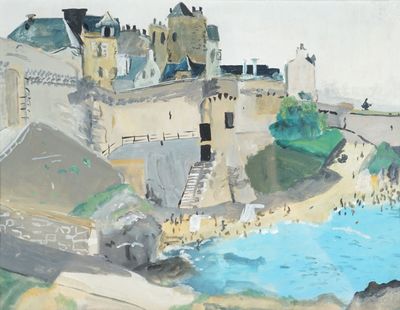 un tableau représentant un château situé sur une colline surplombant un plan d'eau