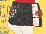 a painting of a woman playing an accordion on a yellow background