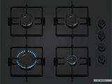 quatre brûleurs sur une plaque de cuisson noire avec une flamme bleue