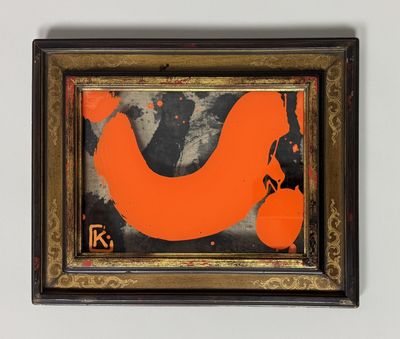 painting of orange and black bird on a white wall