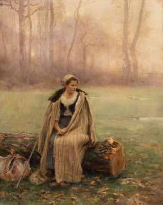 painting of a woman sitting on a log in a field