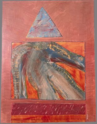 an image of a painting of a bird with a triangle in the background