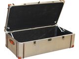 a silver suitcase that is open on a white background