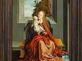 une peinture représentant une femme tenant un enfant sur ses genoux