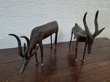 two statues of antelope standing on a wooden table