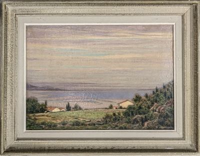 an oil painting of a landscape with houses and a body of water in the distance