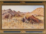 an image of a painting of a desert scene with horses and a man