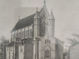 drawing of a church with a steeple and a clock on the front of it