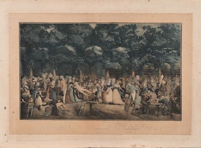 tableau représentant un groupe de personnes assises autour d'une table dans un parc