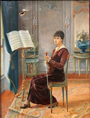 painting of a woman sitting in a chair in front of a piano