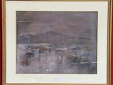 a picture of a painting of boats in a harbor