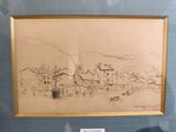 un dessin représentant un village, exposé dans une vitrine