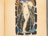 an open book with a drawing of a woman in a blue dress