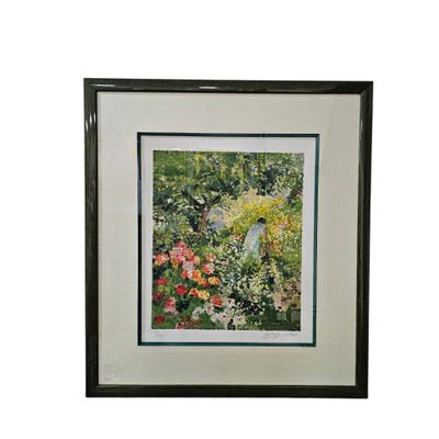 painting of a woman in a garden with flowers in the foreground