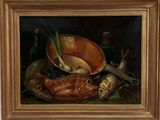 a painting of fish and other food on a table