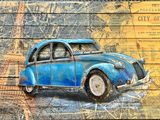 a painting of a blue car sitting on a map