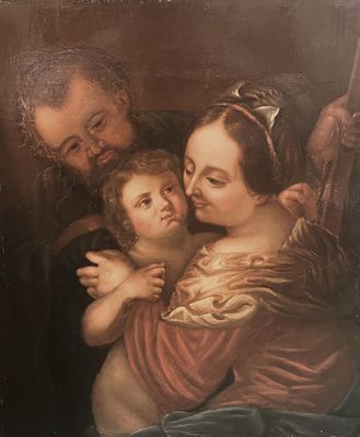 an old painting of a family with a child and an older man