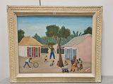 peinture représentant une peinture d'une scène de village avec un homme et une femme
