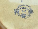 a close up of a blue and white plate on a table
