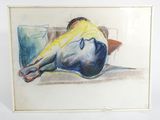 painting of a woman laying on a couch with her head on her hands