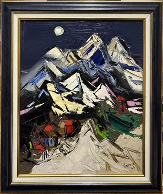 an oil painting of a mountain with a full moon in the background