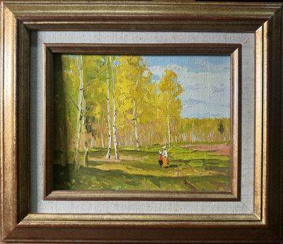 an oil painting of a person walking through a field with trees