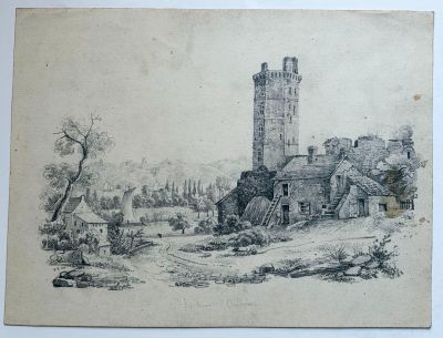 un vieux dessin représentant un château avec une tour en arrière-plan