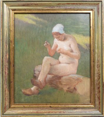 an oil painting of a nude woman sitting on a log