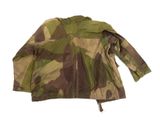the jacket is camouflaged and has a zipper on the back