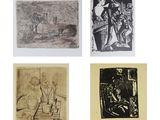 four black and white drawings of people sitting on a bench