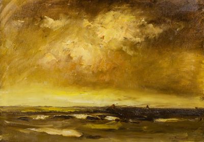 une image représentant un tableau où l'on voit un ciel jaune au-dessus d'une étendue d'eau