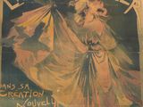 an old poster of a woman in a long dress holding a parasol