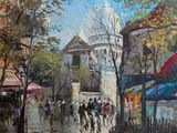 une peinture à l'huile représentant des personnes marchant dans une rue d'une ville