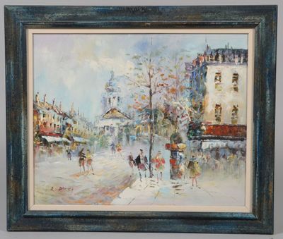 une peinture à l'huile représentant des personnes marchant dans une rue en ville