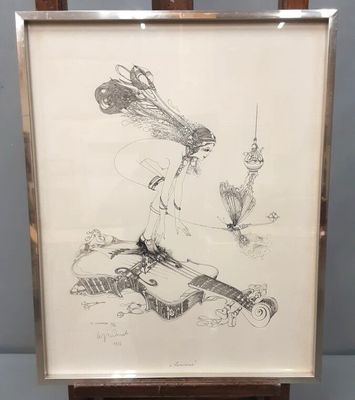 dessin encadré représentant une femme assise sur un banc, tenant un oiseau dans la main