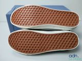 the bottom of a pair of blue and white shoes on top of a blue box