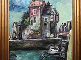 painting of a painting of a house and boats in a harbor