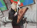 painting of a man holding a dog and a suitcase in the snow