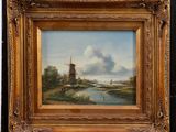 a painting of a landscape with a windmill and a river in the foreground