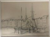 drawing of a boat docked in a harbor with buildings in the background